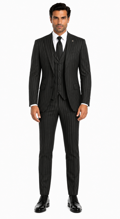 Mens 2 Button Gangster Pinstripe Pattern homecoming   Suit in Black - New Arrival