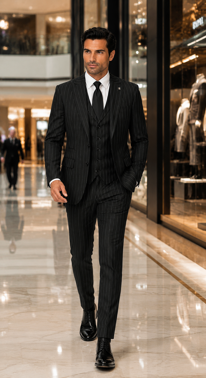 Mens 2 Button Gangster Pinstripe Pattern homecoming   Suit in Black - New Arrival