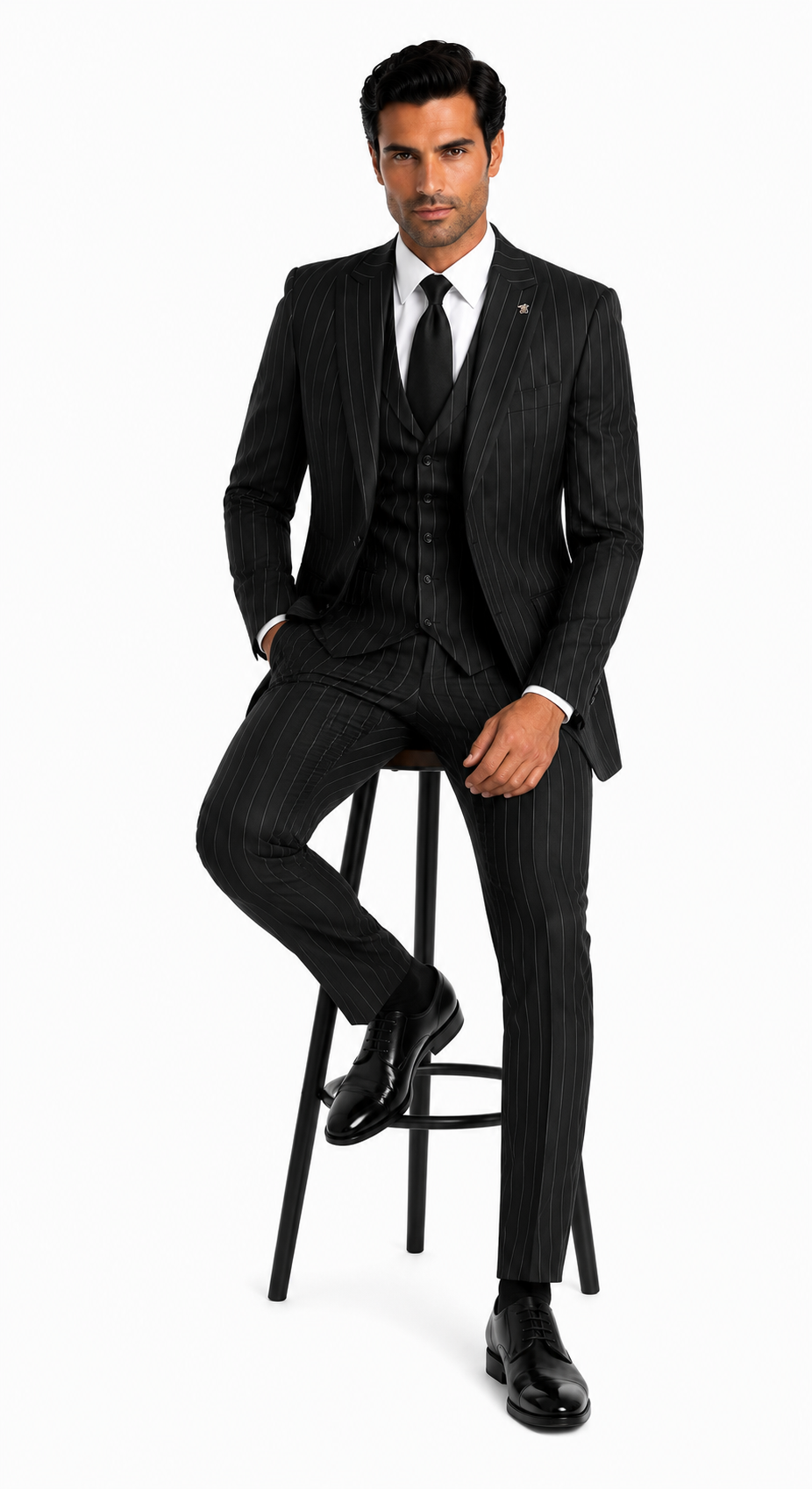 Mens 2 Button Gangster Pinstripe Pattern homecoming   Suit in Black - New Arrival