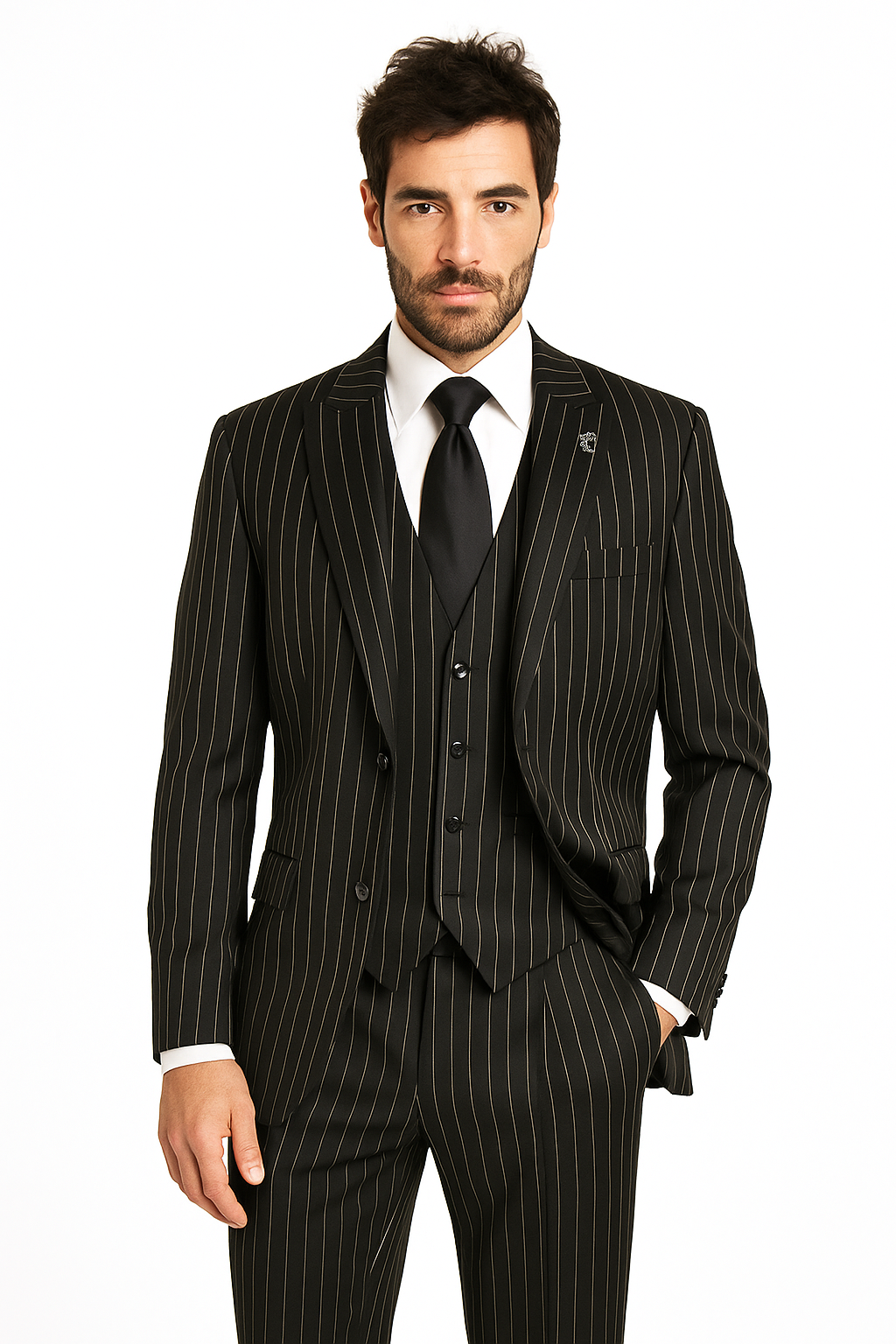 Mens 2 Button Gangster Pinstripe Pattern homecoming   Suit in Black - New Arrival - 38 Short Jacket+32 Waist Adjustable 28to34)(Height: 5 4 to5 7 )(Neck  15-16.5)S-M)