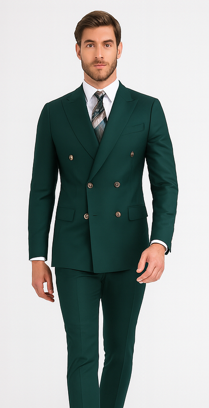 Mens Designer  Double Breasted Wool Suit with Gold Buttons in Hunter Green - 38 Short Jacket+32 Waist Adjustable 28to34)(Height: 5 4 to5 7 )(Neck  15-16.5)S-M)