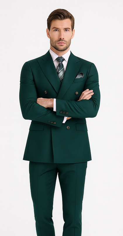 Mens Designer  Double Breasted Wool Suit with Gold Buttons in Hunter Green - 38 Short Jacket+32 Waist Adjustable 28to34)(Height: 5 4 to5 7 )(Neck  15-16.5)S-M)