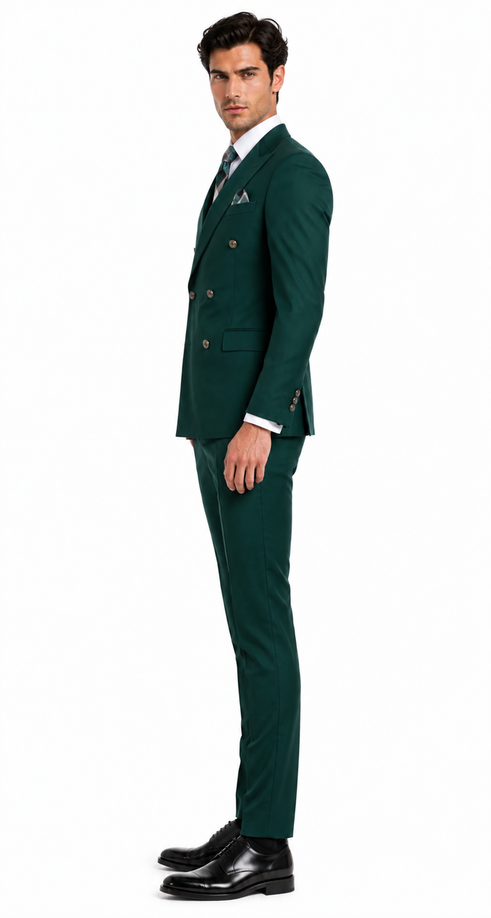 Mens Designer  Double Breasted Wool Suit with Gold Buttons in Hunter Green
