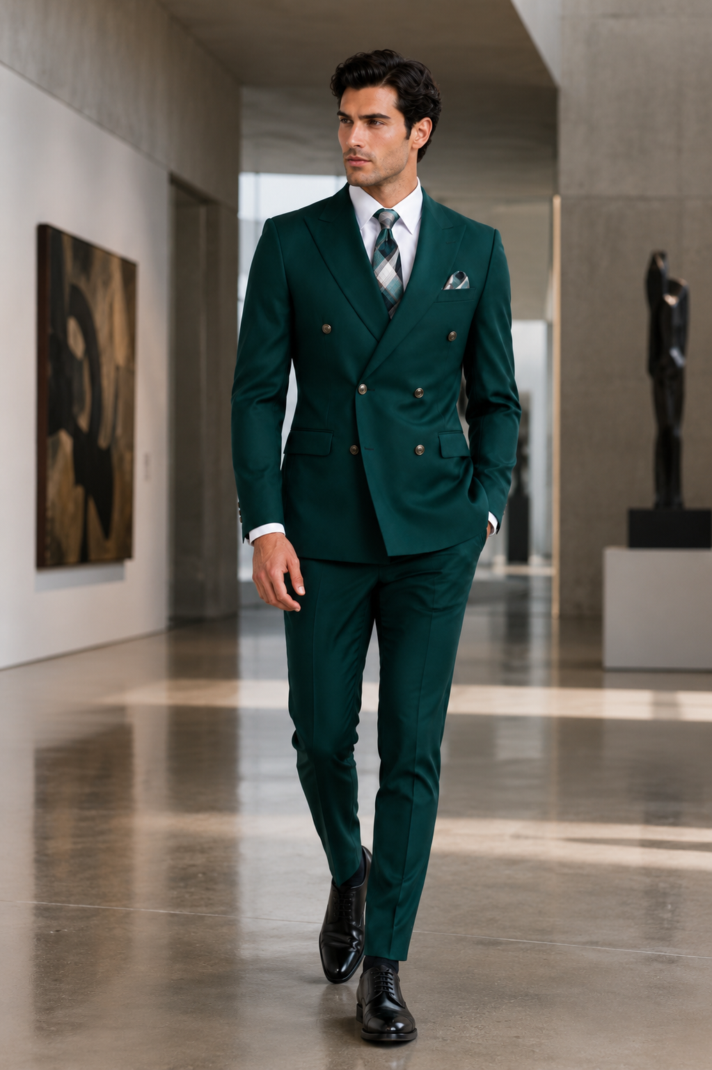 Mens Designer  Double Breasted Suit with Gold Buttons in Hunter Green