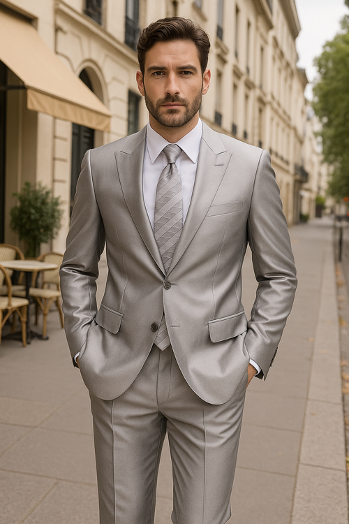 Mens 2 Button Notch Lapel Shiny Sharkskin Suit in Silver - New Arrival