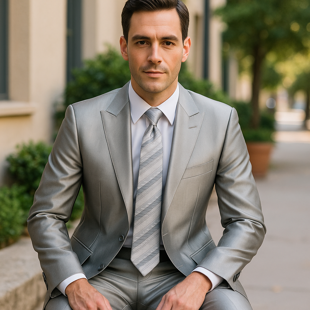 Mens 2 Button Peak Lapel Shiny Sharkskin Suit in Silver - New Arrival - 38 Short Jacket+32 Waist Adjustable 28to34)(Height: 5 4 to5 7 )(Neck  15-16.5)S-M)