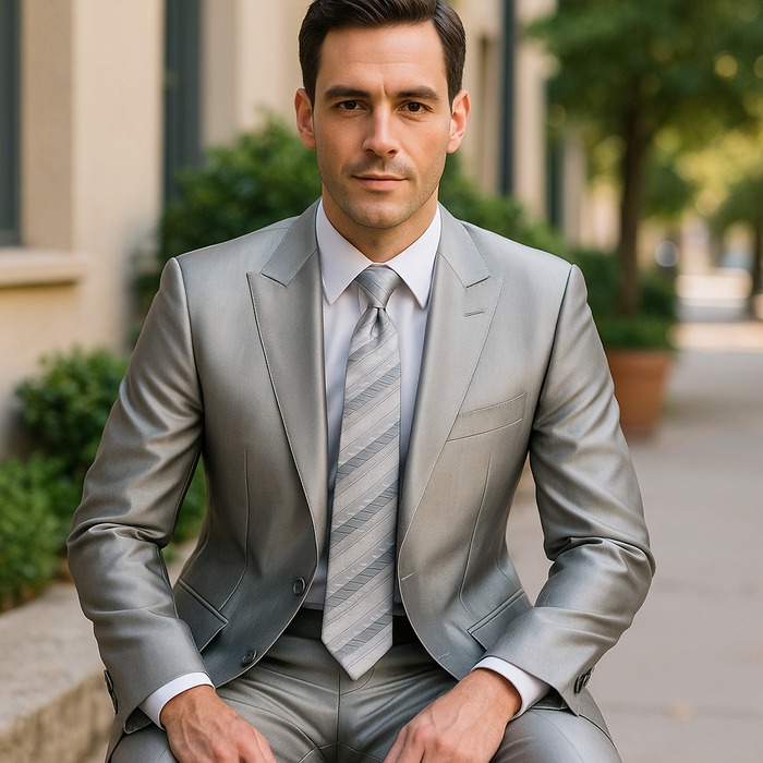 Mens 2 Button Notch Lapel Shiny Sharkskin Suit in Silver - New Arrival
