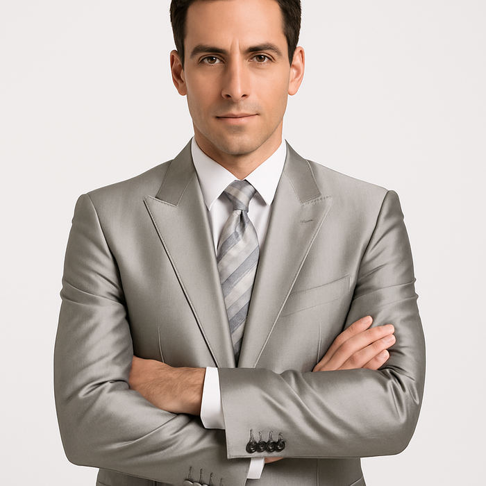 Mens 2 Button Notch Lapel Shiny Sharkskin Suit in Silver - New Arrival