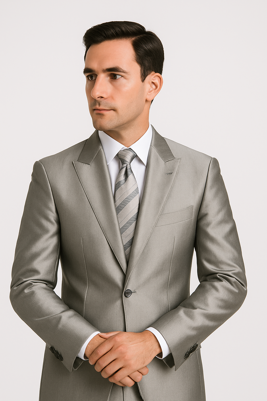 Mens 2 Button Peak Lapel Shiny Sharkskin Suit in Silver - New Arrival - 38 Short Jacket+32 Waist Adjustable 28to34)(Height: 5 4 to5 7 )(Neck  15-16.5)S-M)
