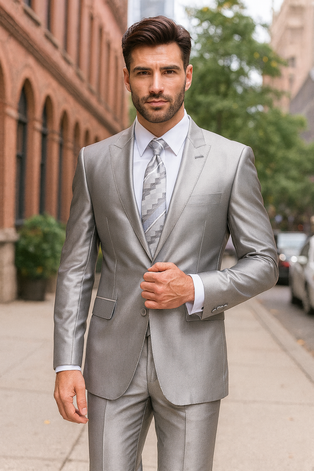 Mens 2 Button Peak Lapel Shiny Sharkskin Suit in Silver - New Arrival - 38 Short Jacket+32 Waist Adjustable 28to34)(Height: 5 4 to5 7 )(Neck  15-16.5)S-M)