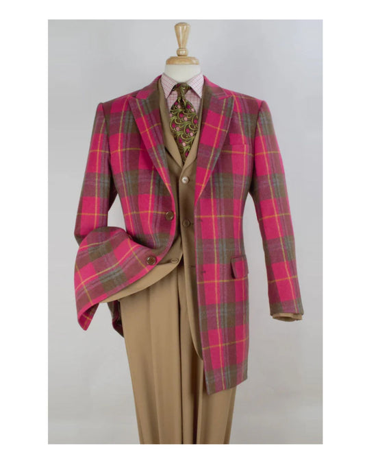 "Men's Pink Herringbone Wool Car Coat - 2 Button Peak Lapel, Three Quarter Length"