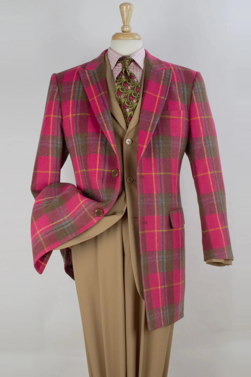 "Men's Pink Herringbone Wool Car Coat - 2 Button Peak Lapel, Three Quarter Length"