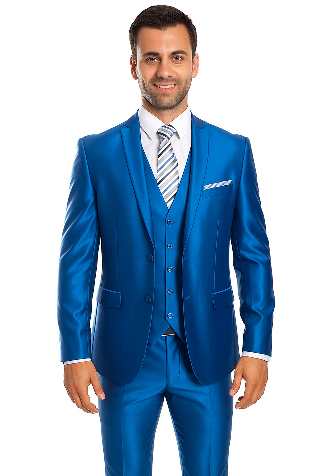 Mens 2 Button Shiny Blazer - Royal Blue Sateen Vested Suit - New Arrival - 36 Short