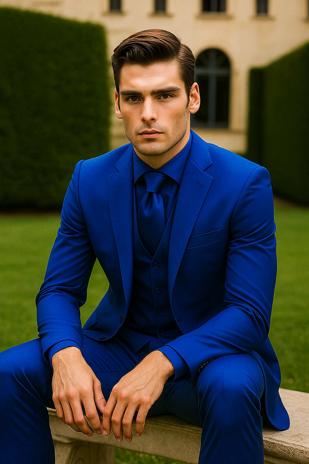 Mens 2 Button Shiny Blazer - Royal Blue Sateen Vested Suit - New Arrival - 36 Short