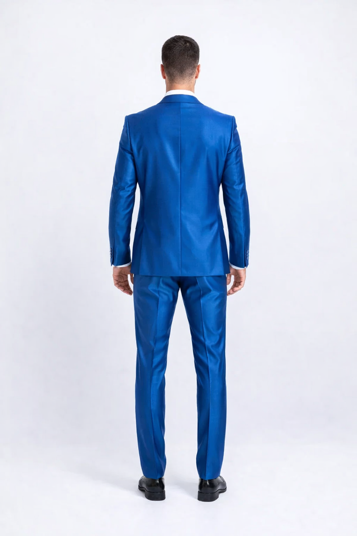 Mens 2 Button Shiny Blazer - Royal Blue Sateen Vested Suit - New Arrival