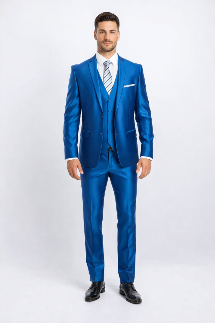 Mens 2 Button Shiny Blazer - Royal Blue Sateen Vested Suit - New Arrival