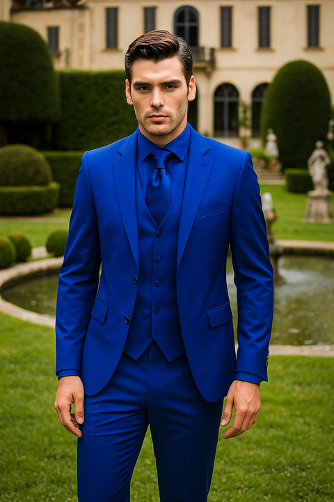 Mens 2 Button Shiny Blazer - Royal Blue Sateen Vested Suit - New Arrival