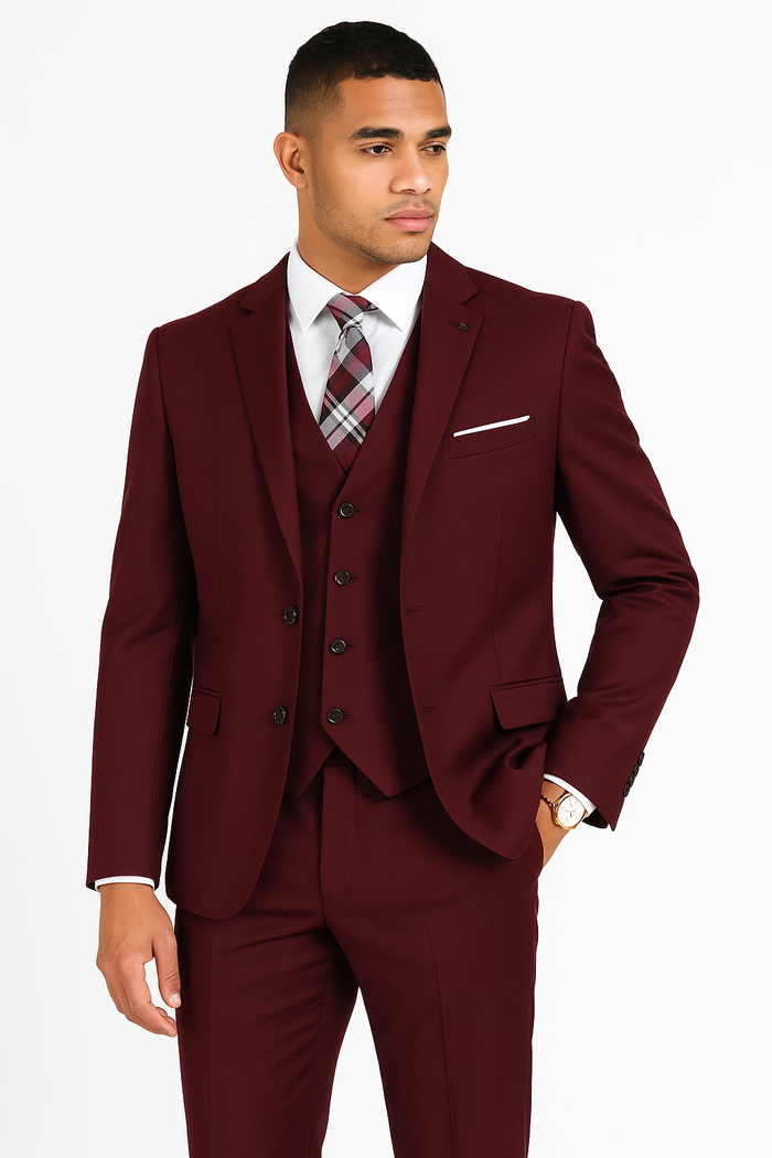Mens 2 Button Slim Fit Wool  With Double Breasted Vest Burgundy Suit - New Arrival