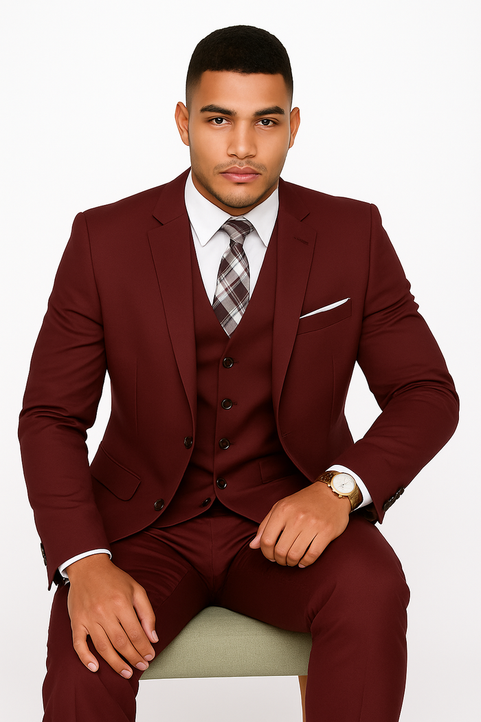 Mens 2 Button Slim Fit Wool  With Double Breasted Vest Burgundy Suit - New Arrival