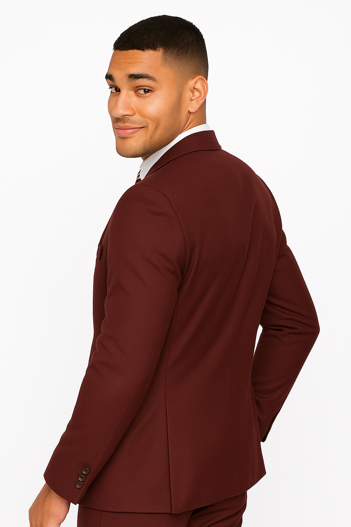 Mens 2 Button Slim Fit Wool  With Double Breasted Vest Burgundy Suit - New Arrival