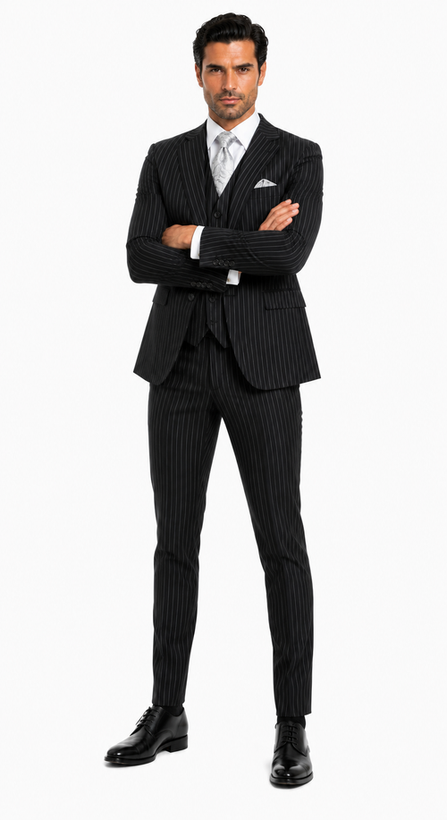 "Bold Pinstripe Gangster Suit - Men's 2-Button Vested in Black"