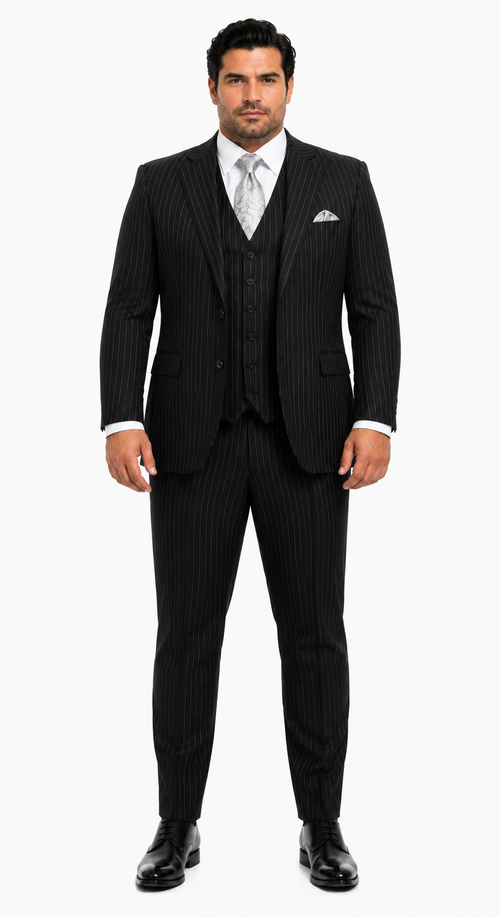 "Bold Pinstripe Gangster Suit - Men's 2-Button Vested in Black"