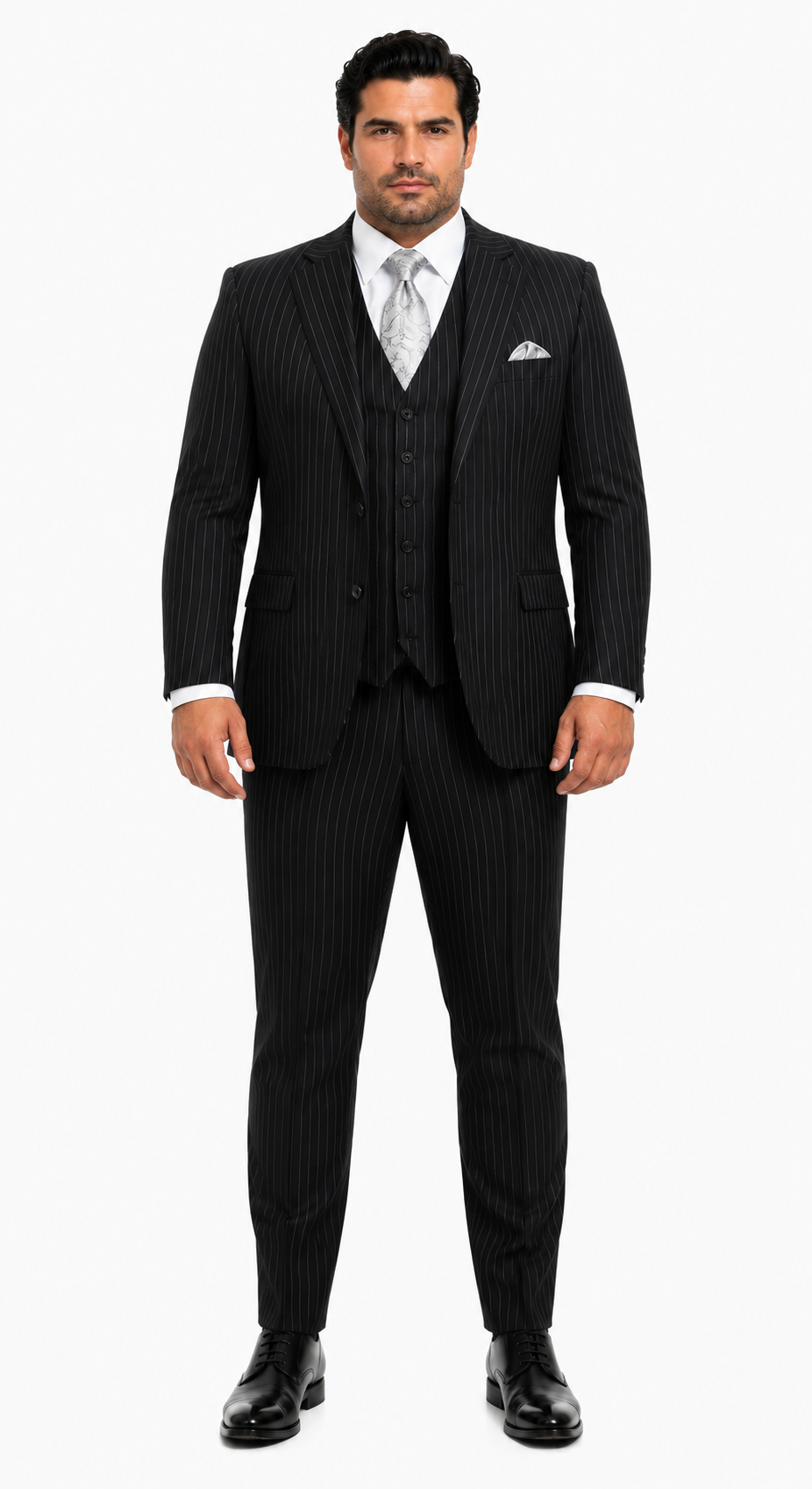 "Bold Pinstripe Gangster Suit - Men's 2-Button Vested in Black"