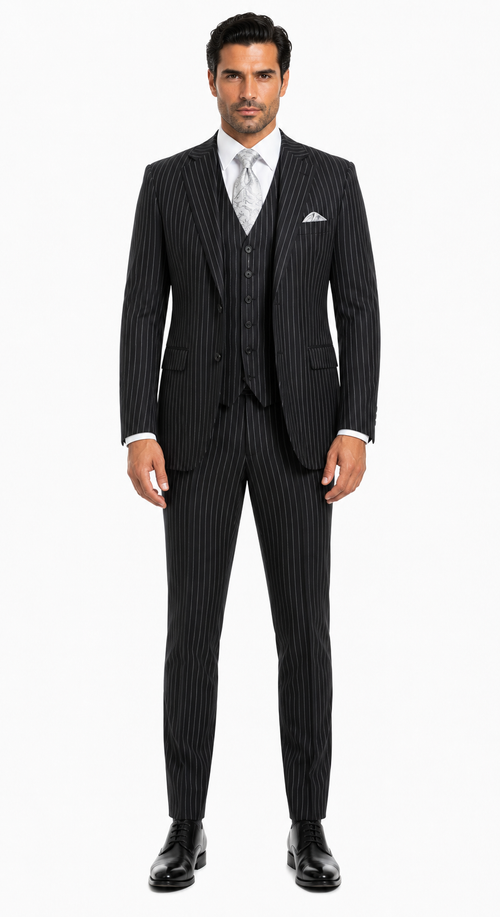 "Bold Pinstripe Gangster Suit - Men's 2-Button Vested in Black"