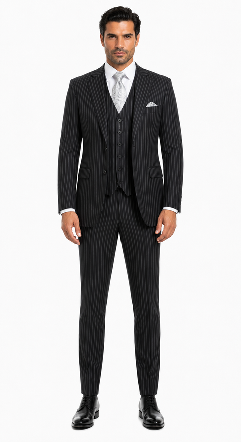 "Bold Pinstripe Gangster Suit - Men's 2-Button Vested in Black"