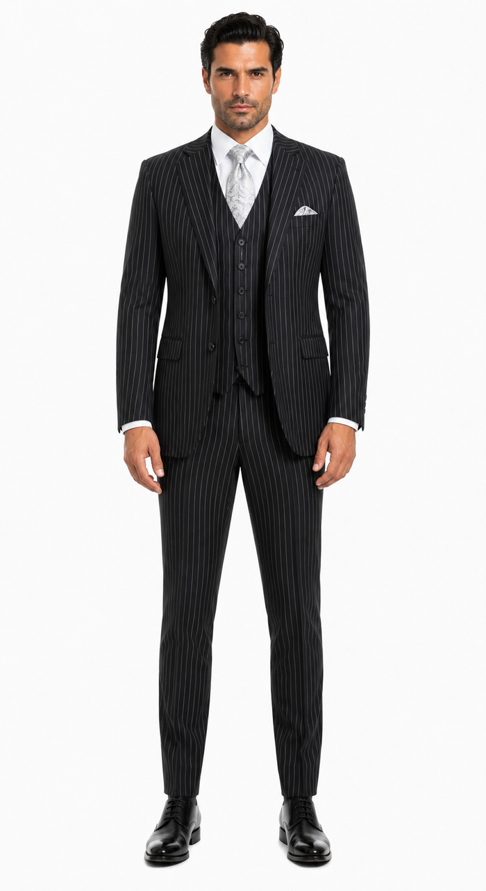 "Bold Pinstripe Gangster Suit - Men's 2-Button Vested in Black"