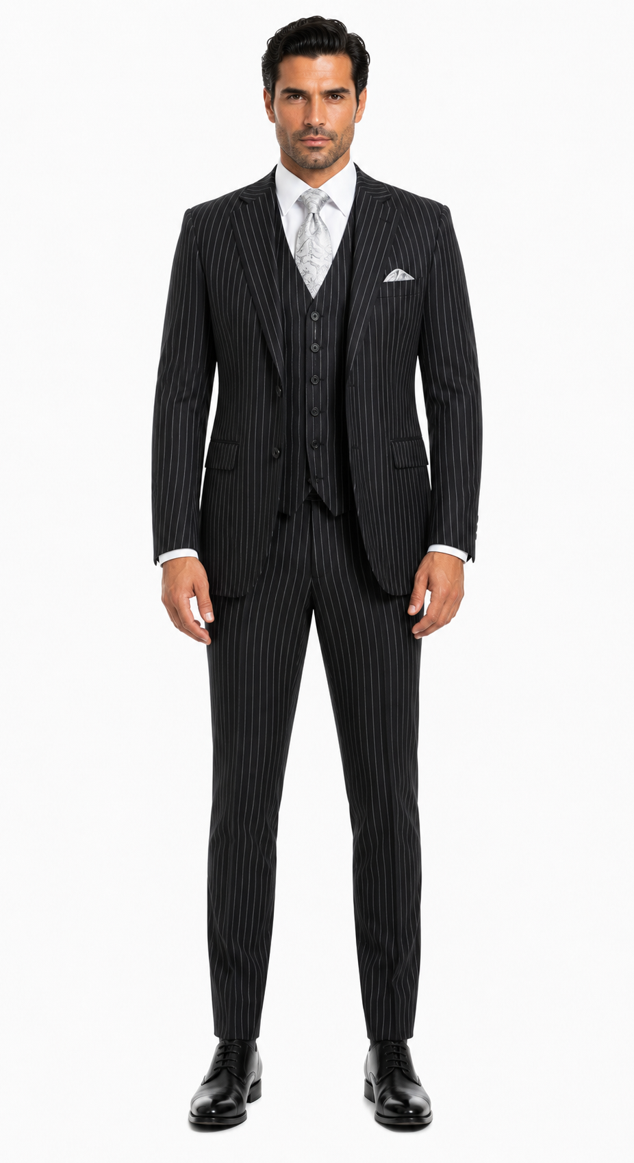 "Bold Pinstripe Gangster Suit - Men's 2-Button Vested in Black"