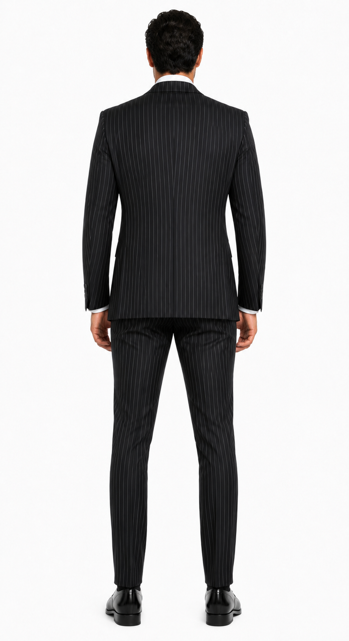 "Bold Pinstripe Gangster Suit - Men's 2-Button Vested in Black"