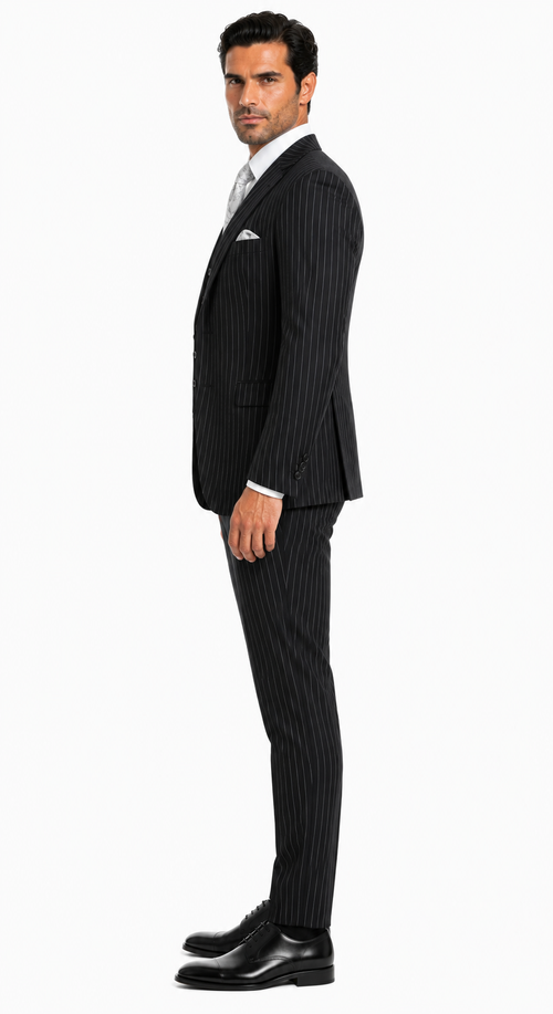 "Bold Pinstripe Gangster Suit - Men's 2-Button Vested in Black"