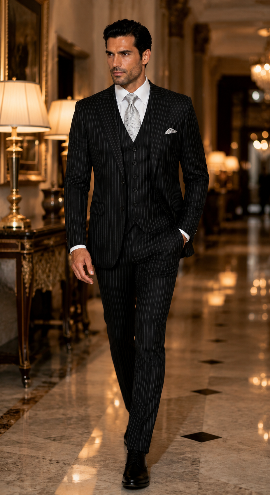 "Bold Pinstripe Gangster Suit - Men's 2-Button Vested in Black"
