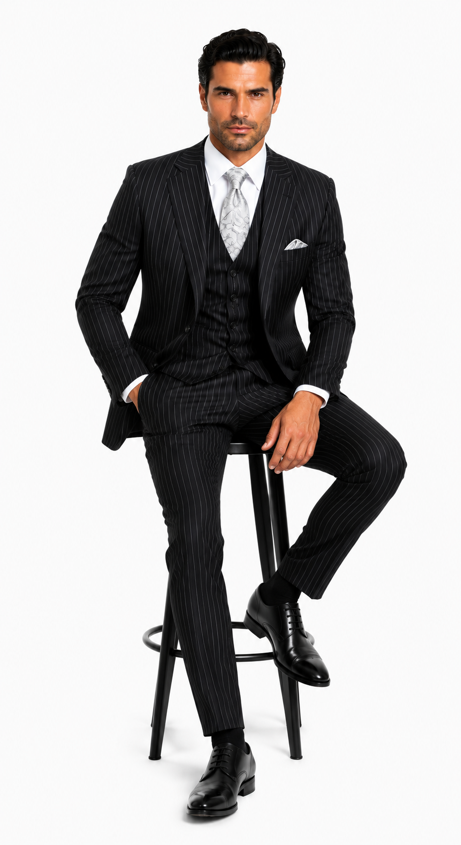 "Bold Pinstripe Gangster Suit - Men's 2-Button Vested in Black"