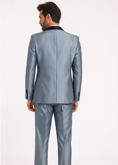 Mens 2 Button Vested Contrast Peak Lapel Sharkskin Tuxedo Suit in Silver