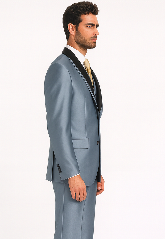 Mens 2 Button Vested Contrast Peak Lapel Sharkskin Tuxedo Suit in Silver