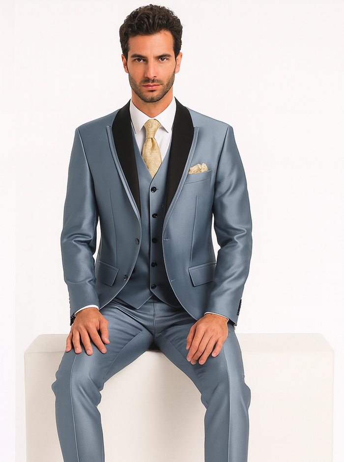 Mens 2 Button Vested Contrast Peak Lapel Sharkskin Tuxedo Suit in Silver