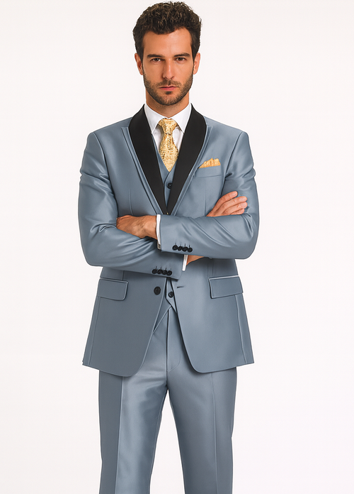 Mens 2 Button Vested Contrast Peak Lapel Sharkskin Tuxedo Suit in Silver