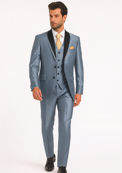 Mens 2 Button Vested Contrast Peak Lapel Sharkskin Tuxedo Suit in Silver