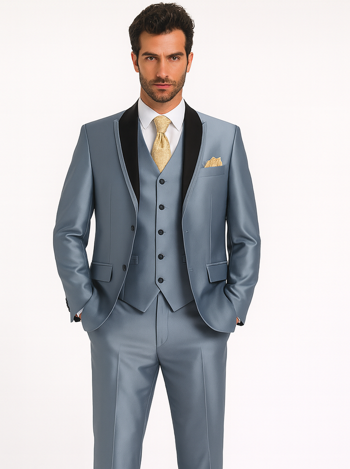 Mens 2 Button Vested Contrast Peak Lapel Sharkskin Tuxedo Suit in Silver