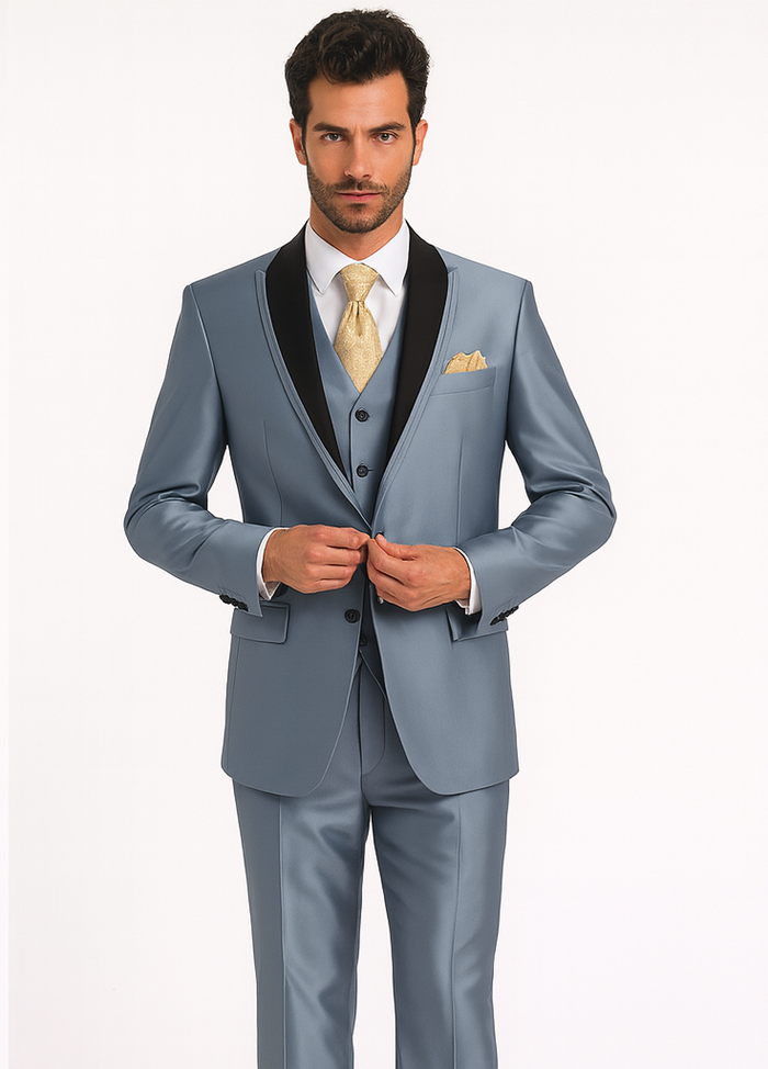 Mens 2 Button Vested Contrast Peak Lapel Sharkskin Tuxedo Suit in Silver