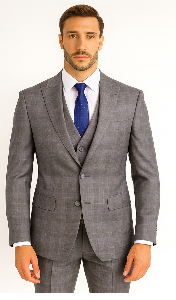 Mens 2 Button Vested Peak Lapel Plaid Suit in Grey - 36 Short