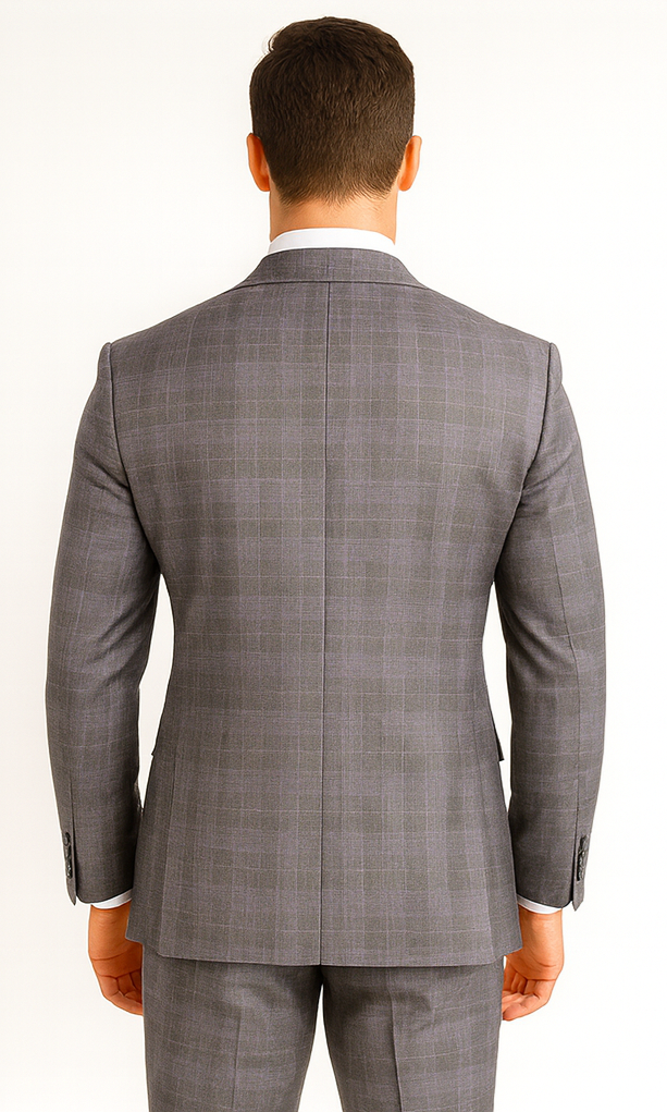 Mens 2 Button Vested Peak Lapel Plaid Suit in Grey - 36 Short