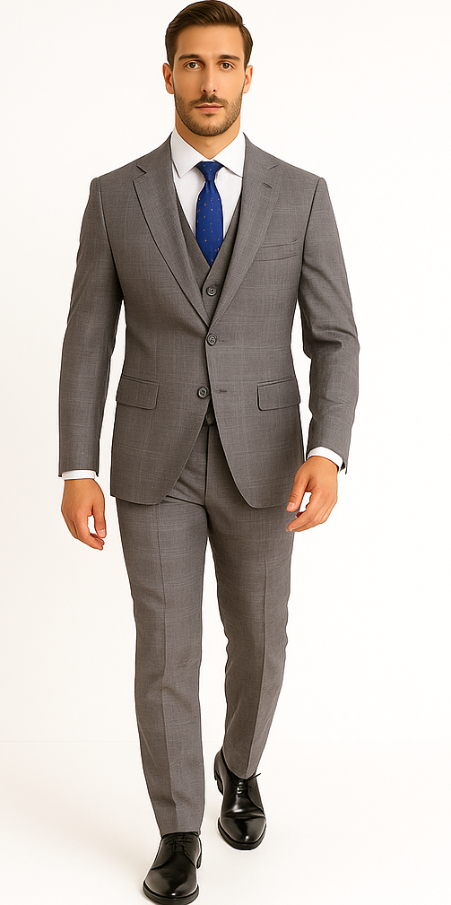 Mens 2 Button Vested Peak Lapel Plaid Suit in Grey - 36 Short