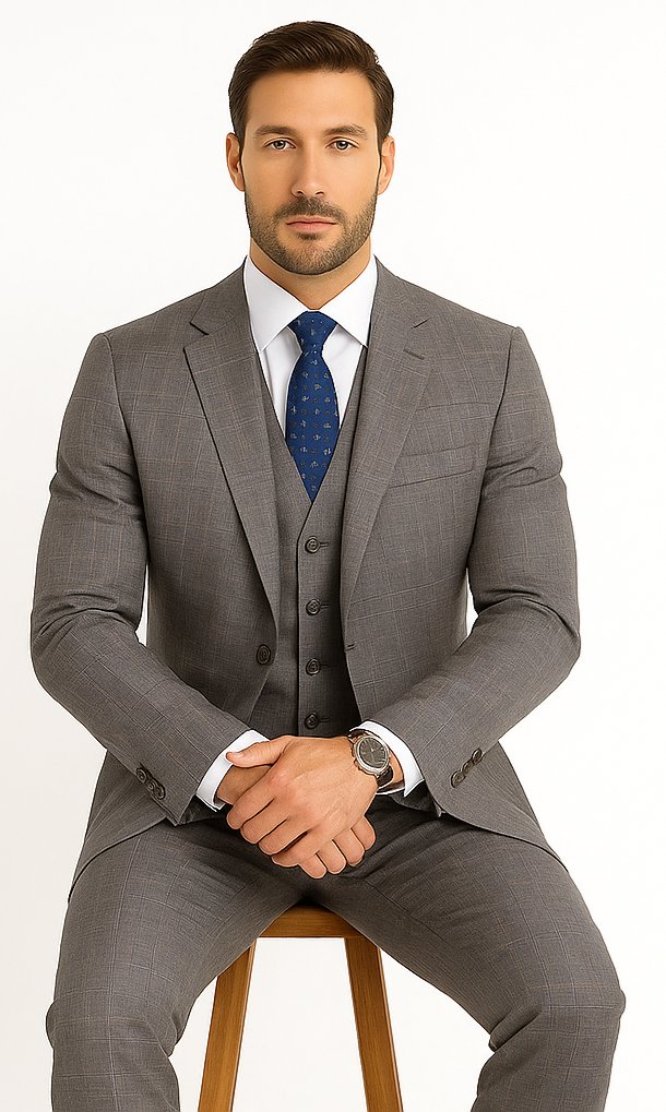 Mens 2 Button Vested Peak Lapel Plaid Suit in Grey - 36 Short