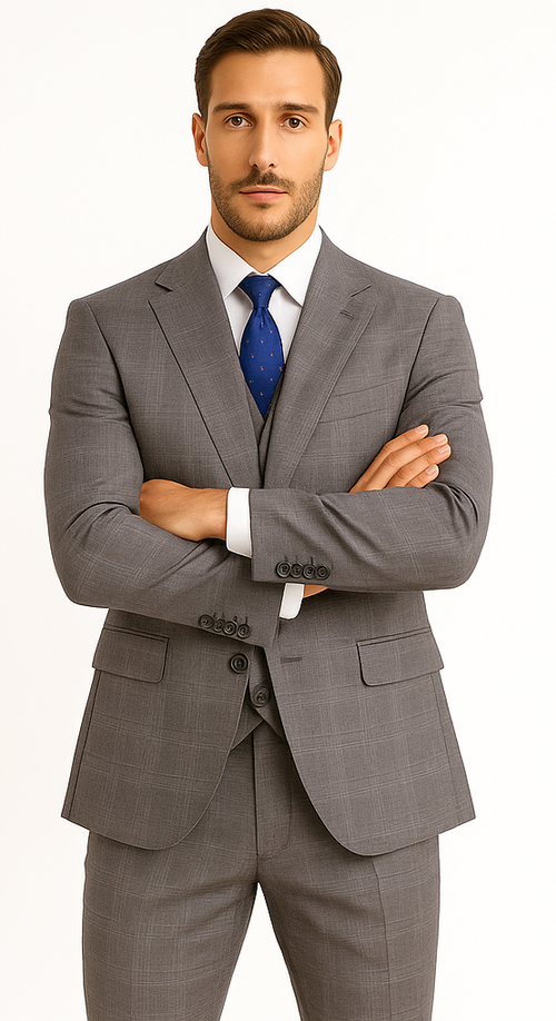Mens 2 Button Vested Peak Lapel Plaid Suit in Grey