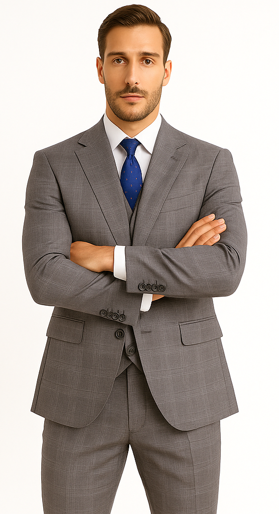 Mens 2 Button Vested Peak Lapel Plaid Suit in Grey