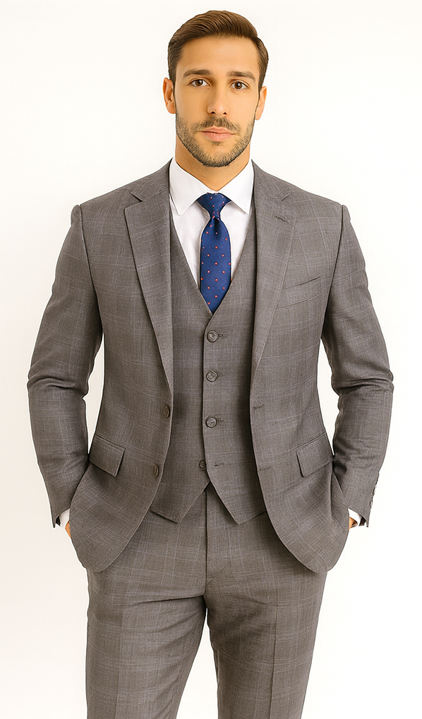 Mens 2 Button Vested Peak Lapel Plaid Suit in Grey - 36 Short