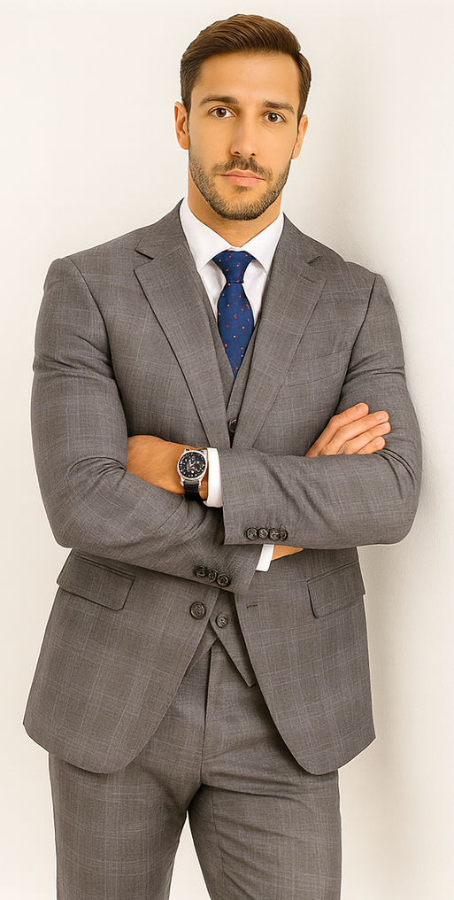 Mens 2 Button Vested Peak Lapel Plaid Suit in Grey - 36 Short